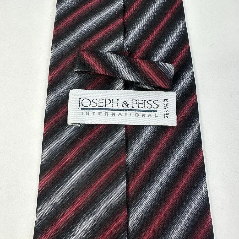 Joseph & Feiss Silk Tie Black Red Gray Diagonal Stripe Men Necktie 59 x3.75 Flaw